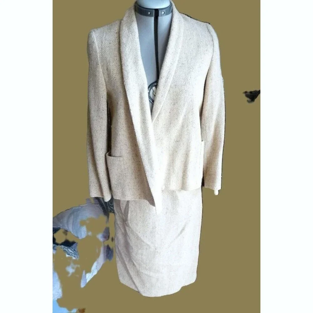 Vintage 60s-70s classic loosely woven wool burlap shawl collar skirt suit XS-S